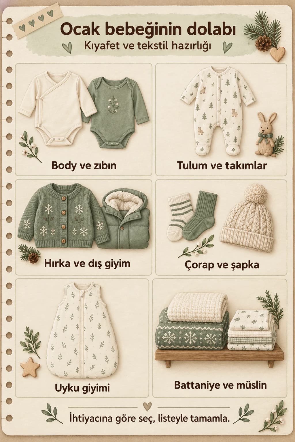 Ocak bebeği için kıyafet ve tekstil gruplarını gösteren illüstrasyon.