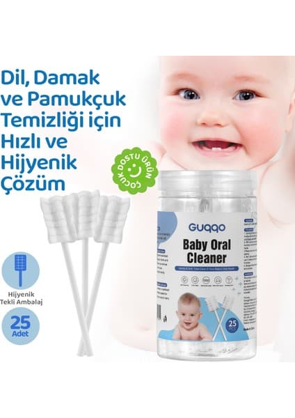 Guqqo Bebek Agız Temizleme Çubuğu, 25 Adet, Yenidoğan Dil Pamukçuk Temizleyici, Bebek Diş Fırçası