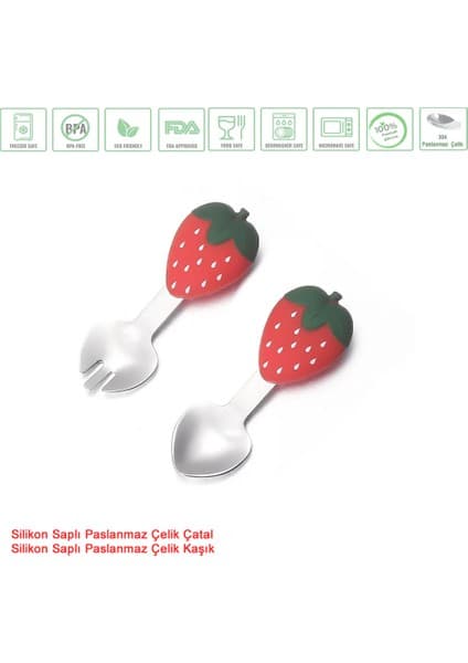Jojobebek Çocuk Silikon Saplı Paslanmaz Çelik Uçlu Kaşık ve Çatal Seti (Çilek Figürlü)