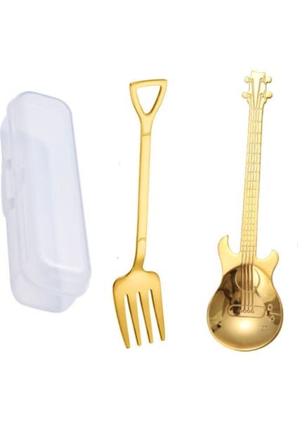 Jojobebek Gold Renk Gitar Tasarımlı Paslanmaz Çelik Kaşık ve Paslanmaz Çelik Çatal + Saklama Kutusu