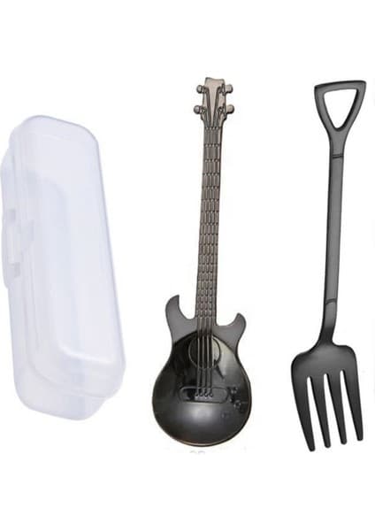 Jojobebek Siyah Renk Gitar Tasarımlı Paslanmaz Çelik Kaşık ve Paslanmaz Çelik Çatal + Saklama Kutusu