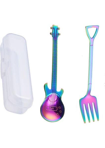 Jojobebek Gökkuşağı Renk Gitar Tasarımlı Paslanmaz Çelik Kaşık ve Paslanmaz Çelik Çatal + Saklama Kutusu