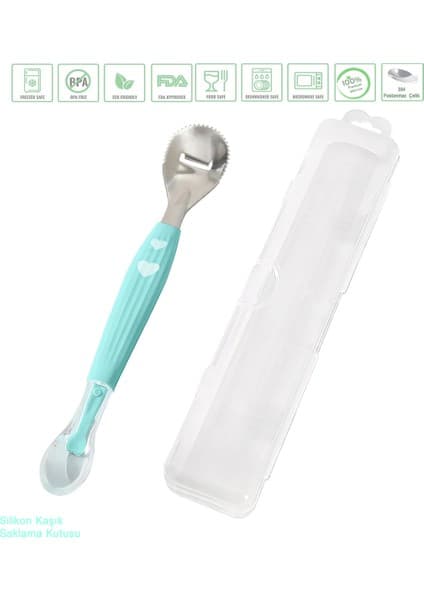 Jojobebek Bebek Püre Kaşığı, Silikon Saplı, Paslanmaz Çelik Uçlu – Güvenli ve Ergonomik, BPA içermez