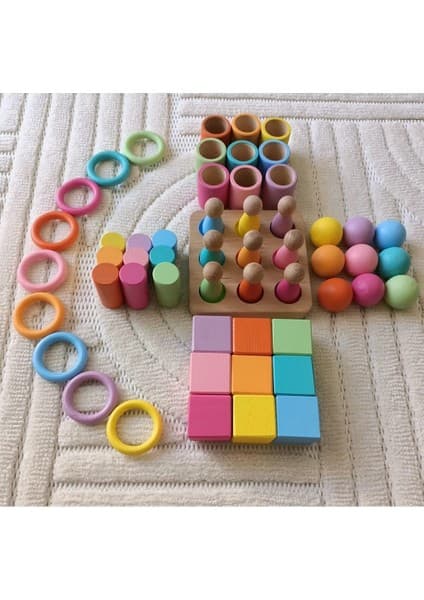 Moccotoys Montessori Eşleştirme Tablalı Silindir Halka Peg Bebek Kase Küp Seti - 9 Renk