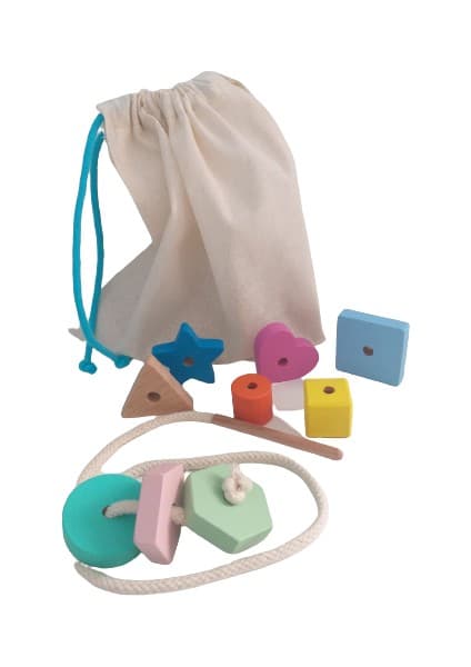 Moccotoys Montessori Giz Torbası ve Ip Geçir Geometrik Şekiller Ikili Eğitici Kartlı Oyunu
