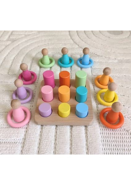 Moccotoys Montessori Eşleştirme Tablalı Silindir Halka Peg Bebek Seti - 9 Renk