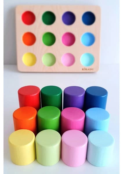Kikadu Montessori Eşleştirme Tablalı Silindirler& Eğitici Kart& Çanta - 12 Renk