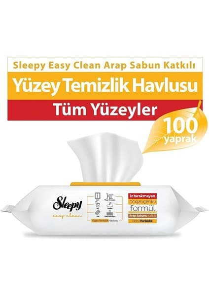 Sleepy Easy Clean Arap Sabunu Katkılı Islak Yüzey Temizlik Havlusu & Mendili 100 Yaprak
