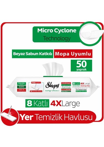 Sleepy Easy Clean Beyaz Sabun Katkılı Mopa Uyumlu Yer Temizlik Havlusu&Mendili 50 Yaprak