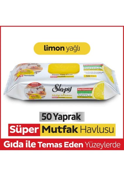 Sleepy Easy Clean Süper Yüzey Temizlik Mutfak Havlusu&Mendili Limon Yağlı 50 Yaprak