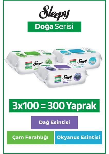 Sleepy Doğa Serisi Yüzey Temizlik Havlusu & Mendili Çam & Okyanus & Dağ Esintisi 3x100 (300 Yaprak)