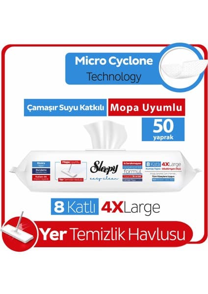 Sleepy Easy Clean Çamaşır Suyu Katkılı Mopa Uyumlu Yer Temizlik Havlusu&Mendili 50 Yaprak