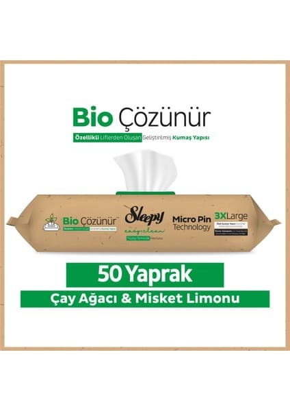 Sleepy Bio Çözünür Yüzey Temizlik Havlusu&Mendili Çay Ağacı&Misket Limonu 50 Yaprak