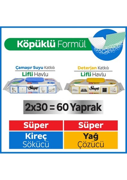 Sleepy Easy Clean Süper Yağ Çözücü&Kireç Sökücü Yüzey Temizlik Havlusu&Mendili 2x30 (60 Yaprak)
