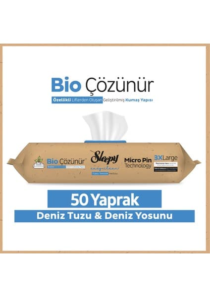 Sleepy Bio Çözünür Yüzey Temizlik Havlusu&Mendili Deniz Tuzu&Yosun 50 Yaprak