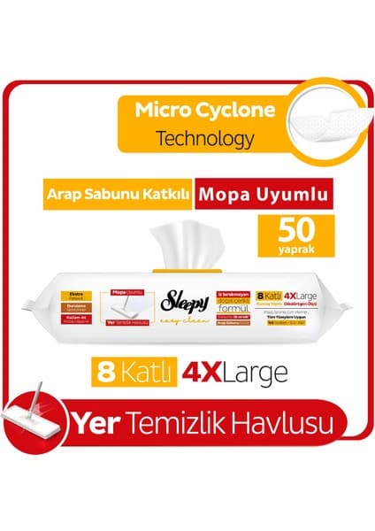 Sleepy Easy Clean Arap Sabunu Katkılı Mopa Uyumlu Yer Temizlik Havlusu&Mendili 50 Yaprak
