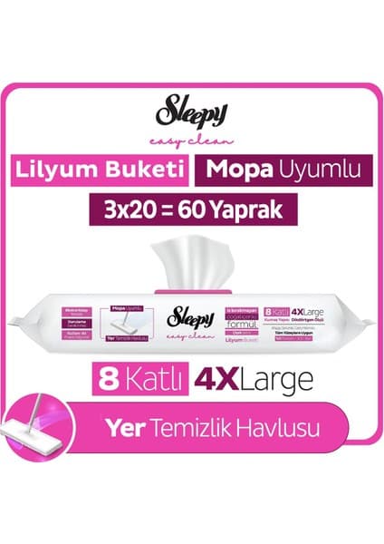 Sleepy Easy Clean Lilyum Buketi Mopa Uyumlu Yer Temizlik Havlusu&mendili 3X20 (60 Yaprak)