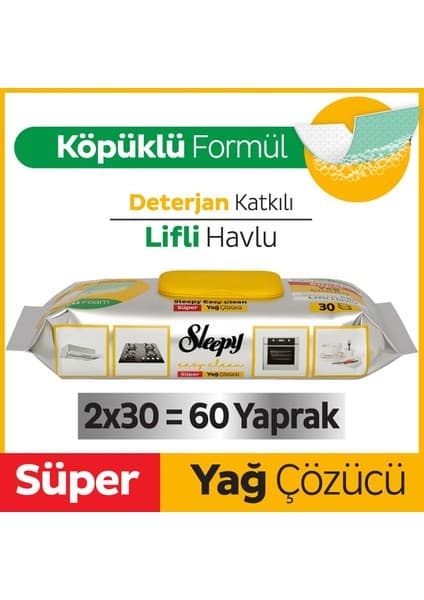 Sleepy Easy Clean Süper Yağ Çözücü Yüzey Temizlik Havlusu&Mendili 2x30 (60 Yaprak)
