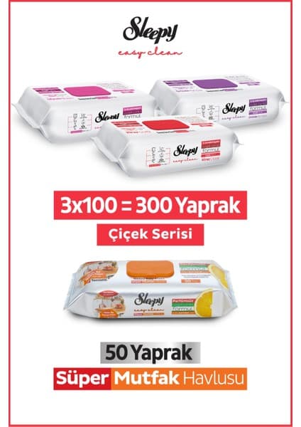 Sleepy Easy Clean Çiçek Serisi&portakal Yağlı Süper Mutfak Yüzey Temizlik HAVLUSU&MENDILI(3X100+50)