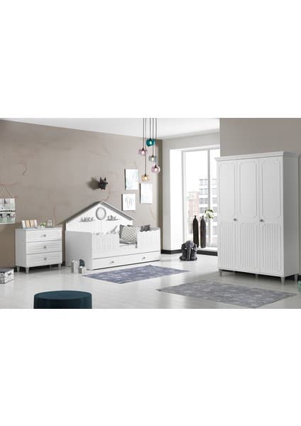 Bubu Home Palalvin Bebek Odası Takımı Gri ( Dolap + Altlıklı Montessori Karyola + Şifonyer )