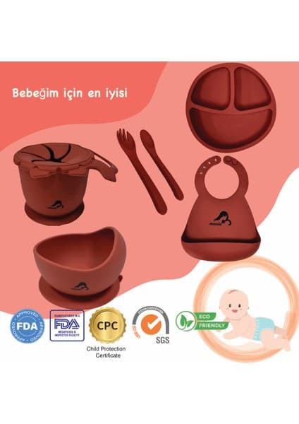 Momia Bebek "momia Bebek Silikon Beslenme Mama Seti - Sağlıklı ve Renkli!" Set 2 - Bebek Mama Tabağı , Bebek Mama Önlüğü, Bebek Aslan Kap , Bebek Mama Kasesi , Bebek Kaşık Çatal