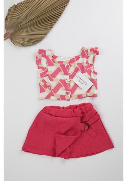 Özşe Moda Pembe Şort Etek Çizgi Desenli Pembe Bluz