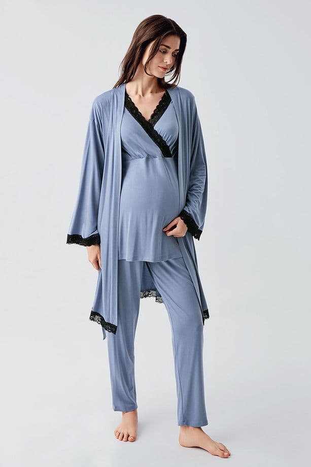 Uzun Kollu Likralı Viskoz Hamile Pijama Sabahlık Takım