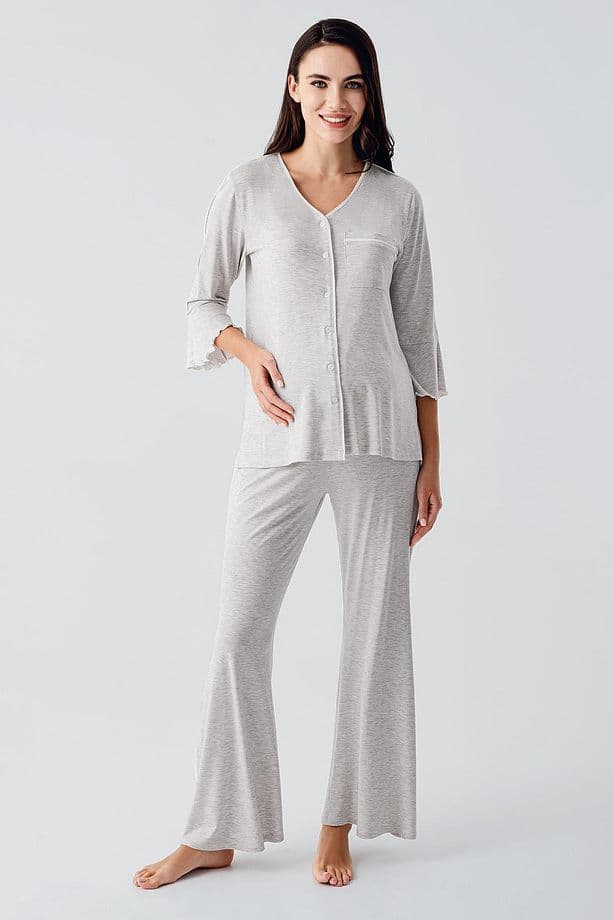 Düğmeli Uzun Kollu Kısa Esnek Viskoz Hamile Pijama Takımı