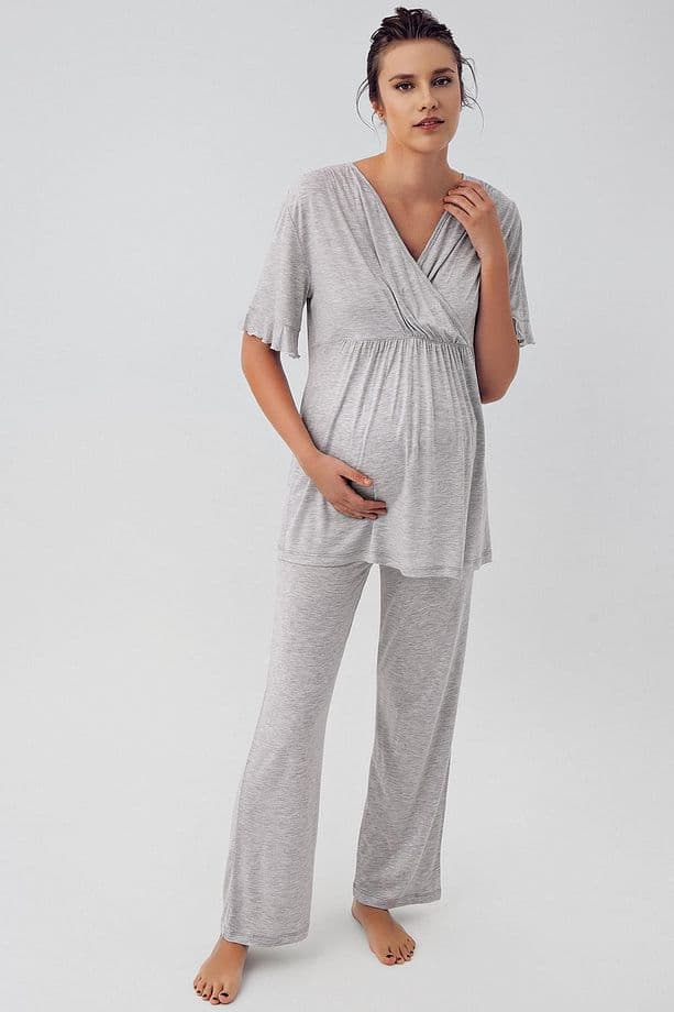 Kısa Kollu Esnek Likralı Viskoz Hamile Pijama Takımı