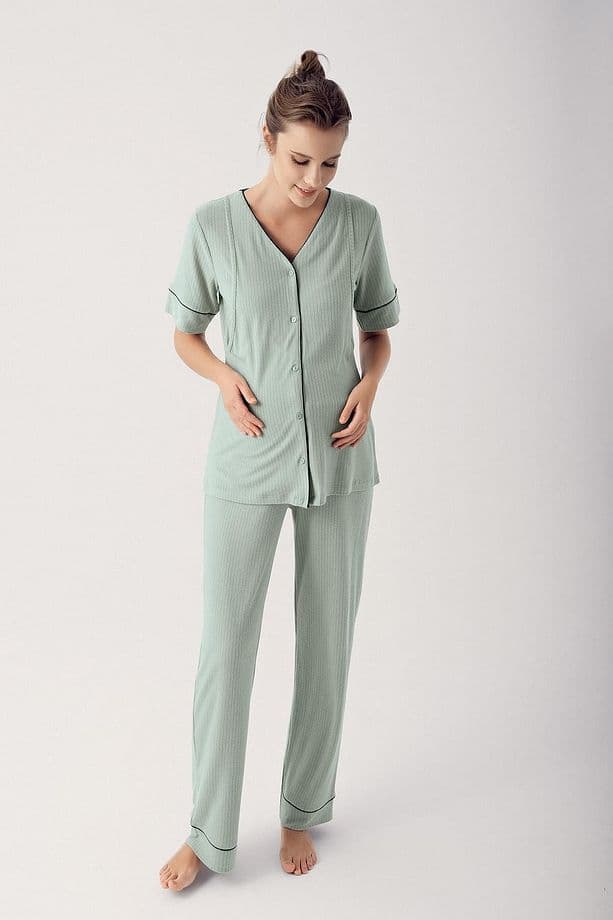 Düğmeli Kısa Kollu Esnek Viskoz Hamile Pijama Takımı 14209