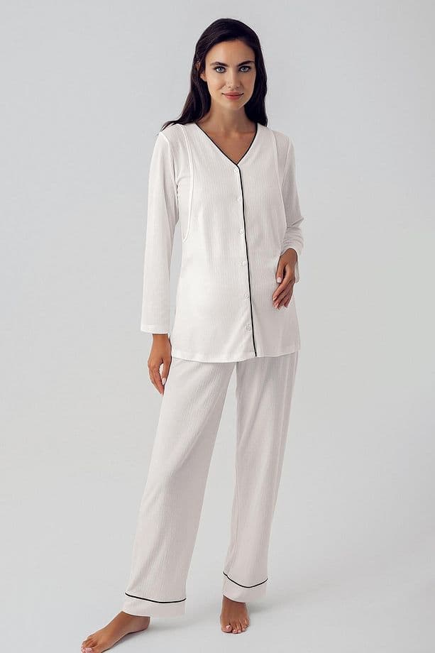 Düğmeli Uzun Kollu Esnek Viskoz Hamile Pijama Takımı