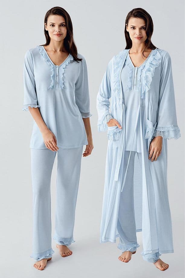 Artış Uzun Kollu Dantelli Düğmeli Esnek Viskoz Sabahlık Pijama Takım