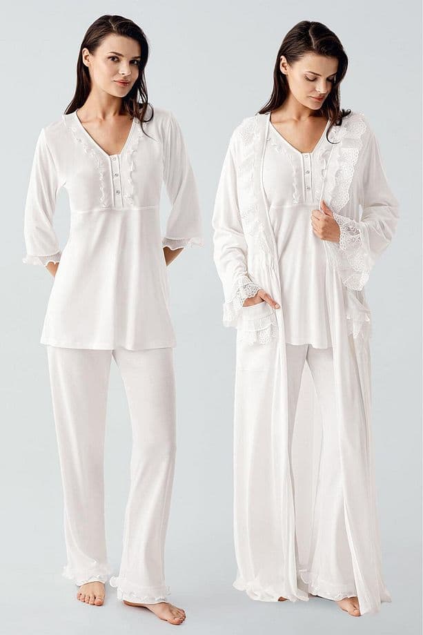 Uzun Kollu Dantelli Düğmeli Esnek Viskoz Sabahlık Pijama Takım