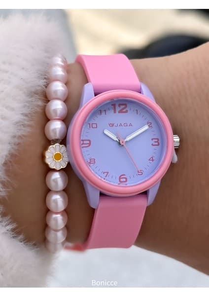 Jaga Marka Havuz Deniz Kullanım Pembe Silikon Kordon Çocuk Kol Saati Bileklik Hediyeli