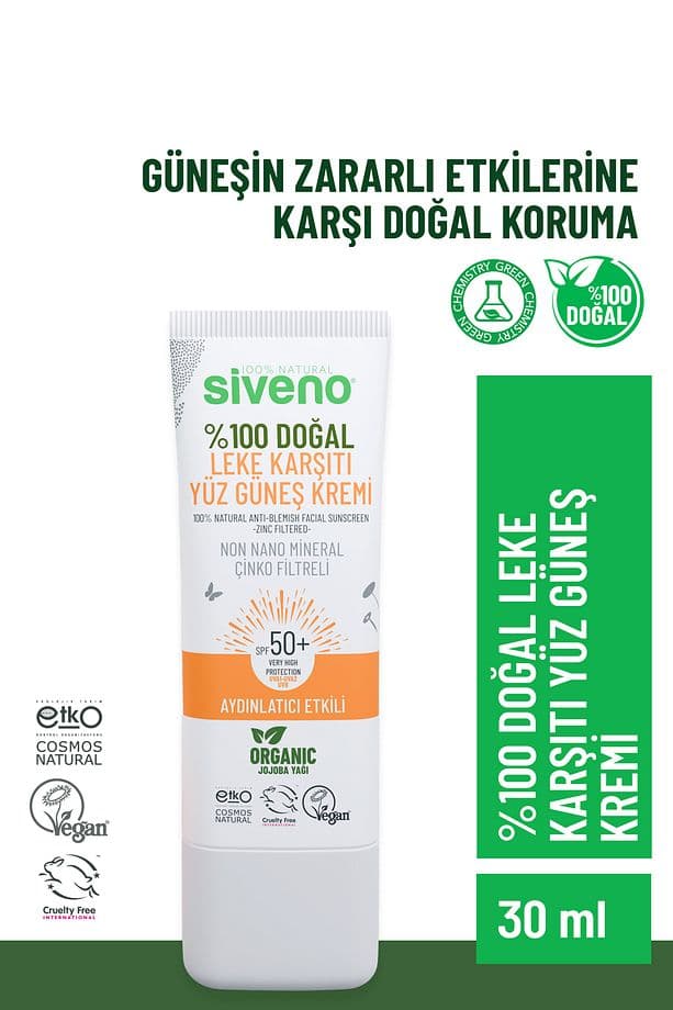 %100 Doğal Yüz Güneş Kremi Leke Karşıtı Aydınlatıcı Mineral Filtre UVA UVB SPF 50+ 30 ml