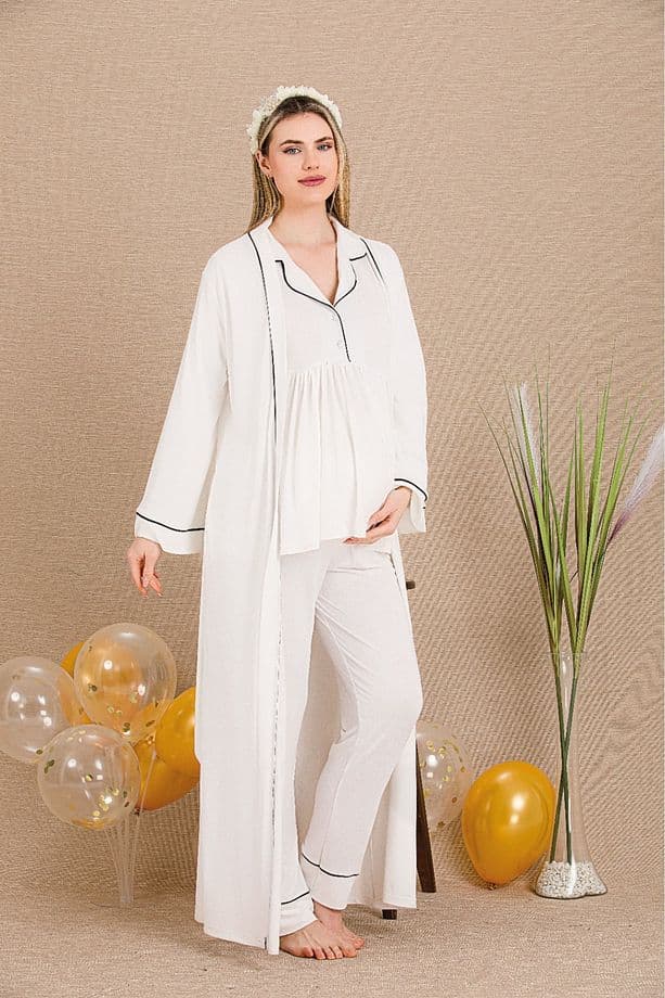 Lady Lingerie Uzun Sabahlıklı,Gömlek Yakalı,Uzun Kollu Lohusa-Hamile Pijama Takımı 3'lü Set