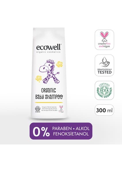 Ecowell Bebek Saç & Vücut Şampuanı, Organik & Vegan Sertifikalı, Parabensiz, Doğal Konak Önleyici 300 ml