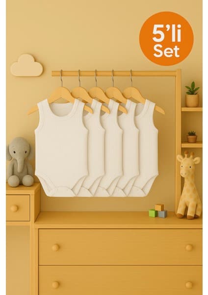 GezegenX Waffle Kumaş 5'li Bebek Çıtçıtlı Body Atlet Zıbın %100 Organik Pamuk Beyaz Hastane Çıkışı