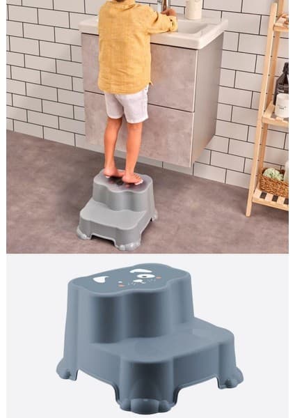 Flosoft Kaydırmaz Çocuk Taburesi Çift Basamaklı, Çocuk Banyo Lavabo Basamak Merdiven Yükseltici Mavi