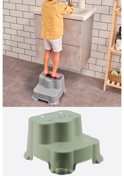 Flosoft Kaydırmaz Çocuk Taburesi Çift Basamaklı, Çocuk Banyo Lavabo Merdiven Yükseltici Yeşil