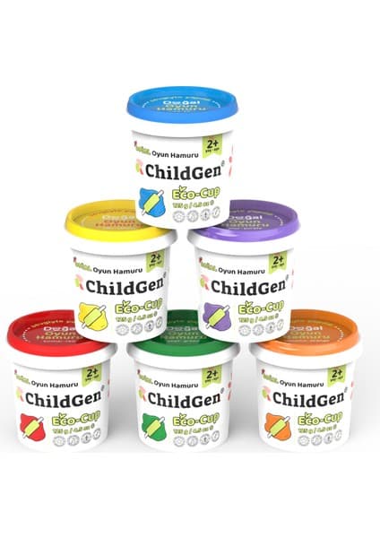 ChildGen Doğal Oyun Hamuru - Eco Cup- 6'lı Ana ve Ara Renkler (Mor -Yeşil-Turuncu-Mavi-Sarı-Kırmızı) 6X125 gr