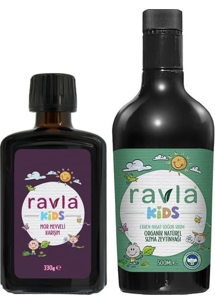 Ravla 2'li Ürün - Kids Mor Meyveli Karışım 330g / 500 ml Kids Yüksek Polifenollü Organik Naturel Sızma Zeytinyağı
