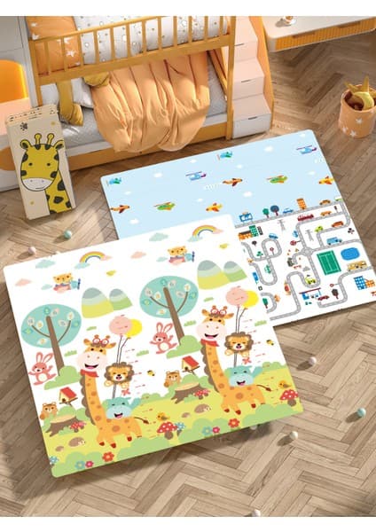 Elfobaby Taşıtlar Sevimli Dostlar - Katlanabilir - Extra Large - Çift Yönlü - Oyun Halısı ve Matı 160X180X1 (Taşıma Çantası Hediyeli)