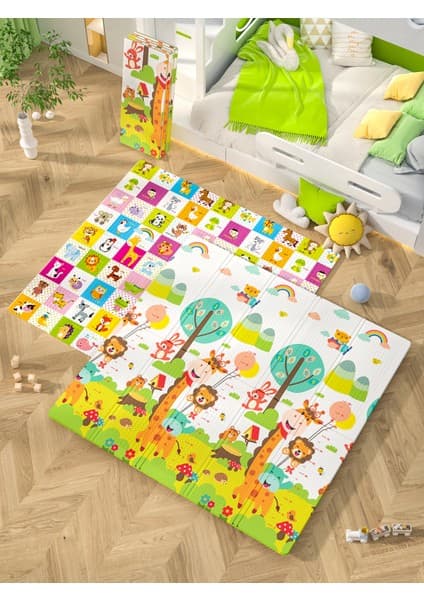 Elfobaby Hello My Friends - Katlanabilir - Extra Large - Çift Yönlü - Oyun Halısı ve Matı 160X180X1 (Taşıma Çantası Hediyeli)