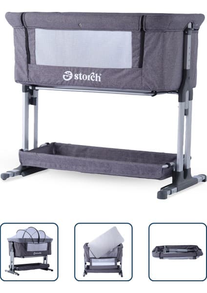 Baby Storch - Sallanabilir Anne Yanı Portatif Beşik - Yükseklik Ayarlı, Cibinlikli, ve Tekerlekli - Gri