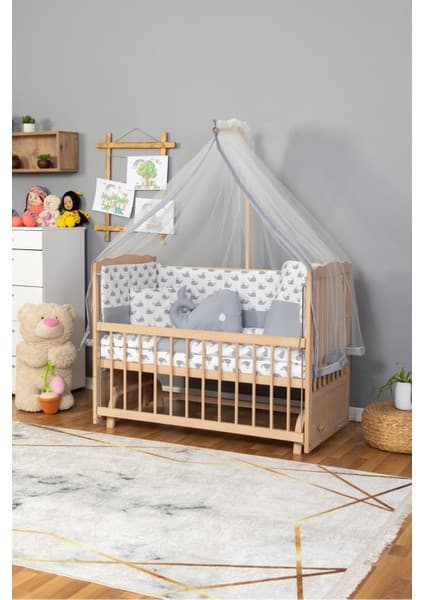 Bamgidoo Ahşap Beşik Anne Yanı Beşik Organik (Boyasız) 60X120 - Gri Balina Uyku Seti Yatak