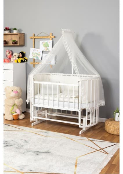 Carino Wins Ahşap Beşik Anne Yanı Yeni Doğan Papatya Beyaz Bebek Beşiği Krem Güpür Uyku Setli