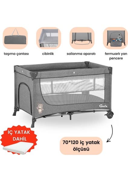 Gulz Lindo Oyun Parkı Park Yatak Bebek Beşik 70x120 Cm + Yataklı