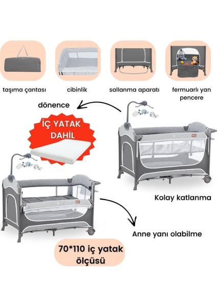 Gulz Atlas Plus Anne Yanı Sallanır Cibinlikli Dönenceli Oyun Parkı Park Yatak 70X110 cm + Yataklı