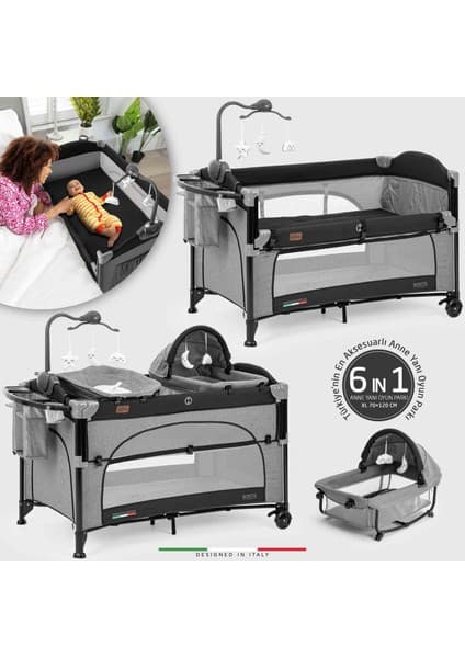 Elele Bonte 2 6in1 Lüks Anne Yanı Oyun Parkı Park Yatak XL 70x120 cm Gri-Siyah